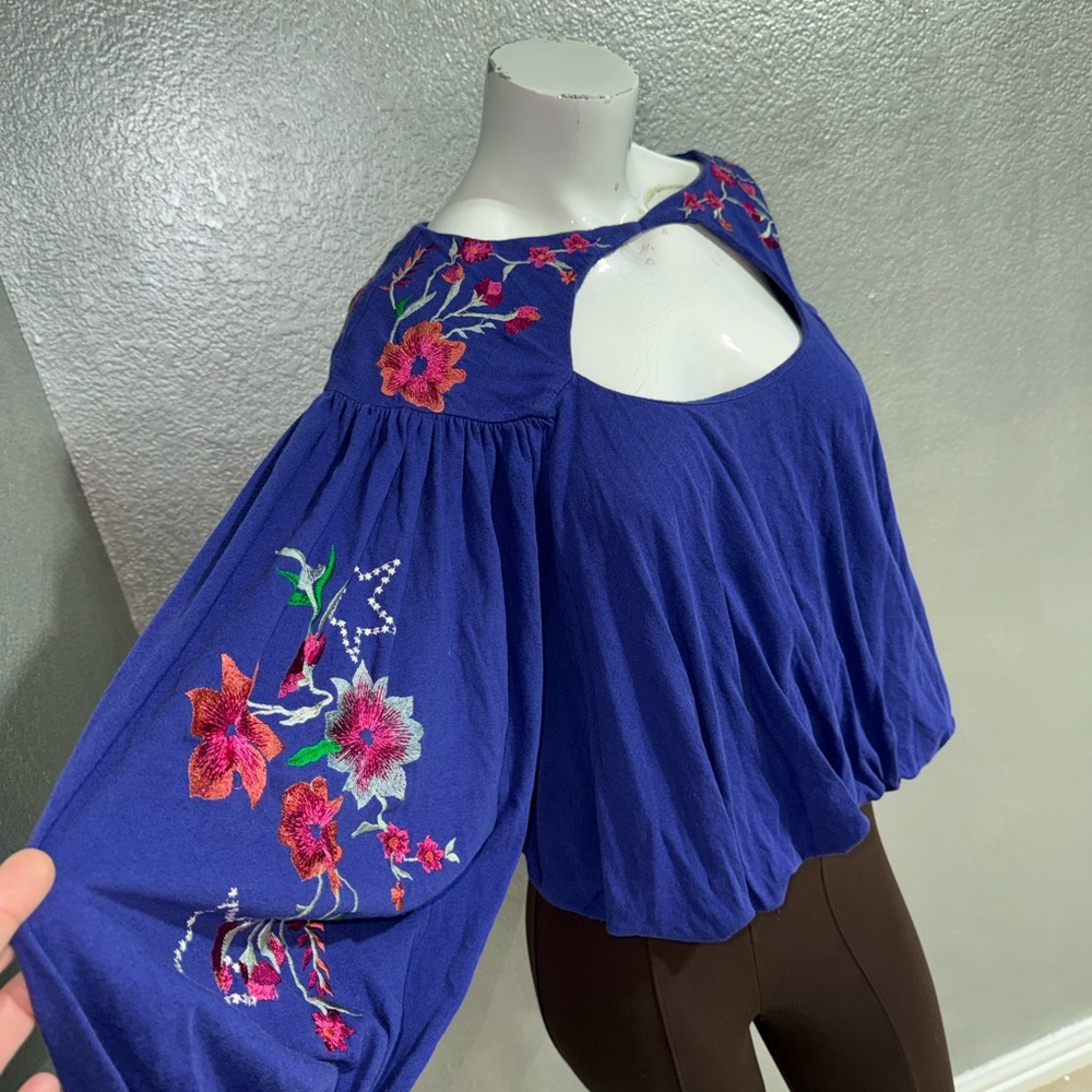 Free People Royal Blue Floral Embroidered Blouse - Picture 3 of 17